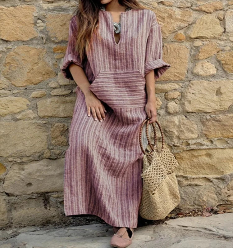 Autumn Women's New Cotton Linen Yarn-dyed Striped Long Dress, Fashionable Big Pockets, Sexy V-neck Long-sleeved Loose Dress