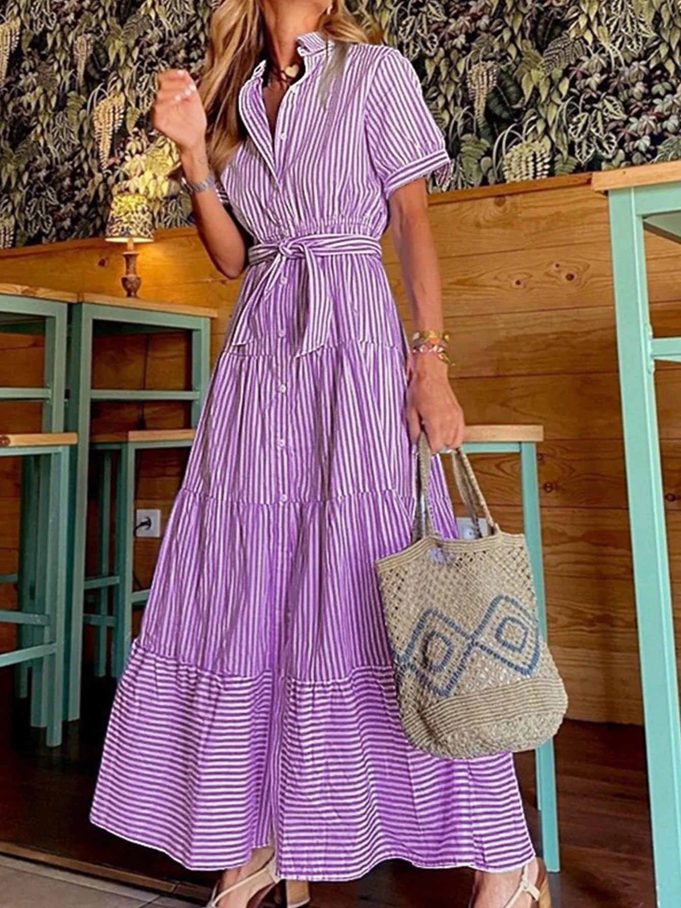 Women Blue Striped Maxi Dress Short Sleeve Lace Up Ruffles Hem Streetwear Boho Vacation Office Lady Dresses Summer Robes Vestido