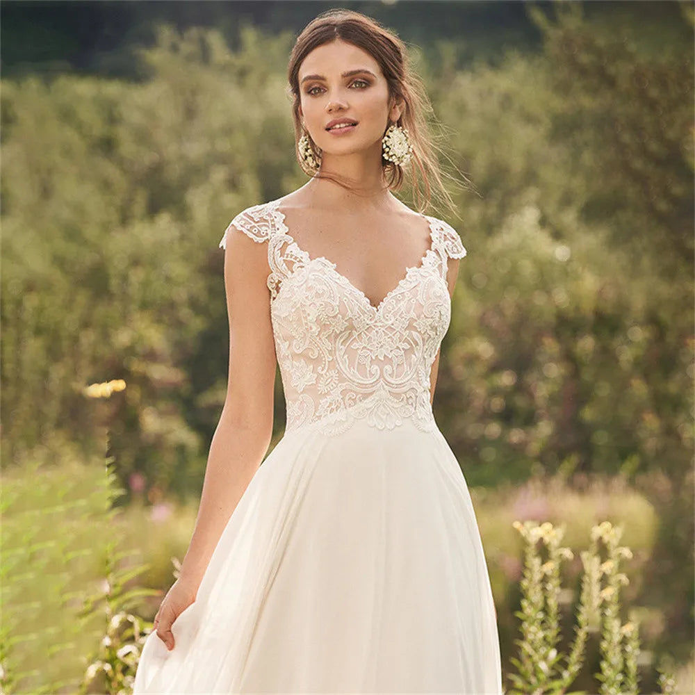 Customized Boho Lace Appliques Wedding Dress A Line Cap Sleeves Illusion Back For Women V Neck Bridal Gowns Court Train 2025
