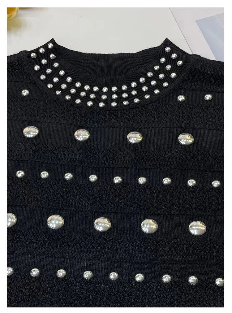 European And American Design Knitted Dress Women'S Spring/Summer Round Neck Hot Bead Unique Slimming Long Style