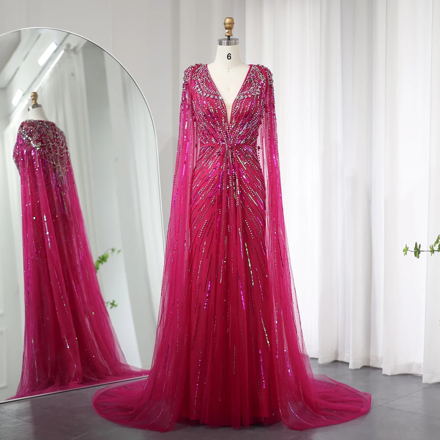 Sharon Said Luxury Crystal Sage Green Evening Dresses with Cape Fuchsia Gold Arabic Wedding Dress Party Gowns SS399 Customized