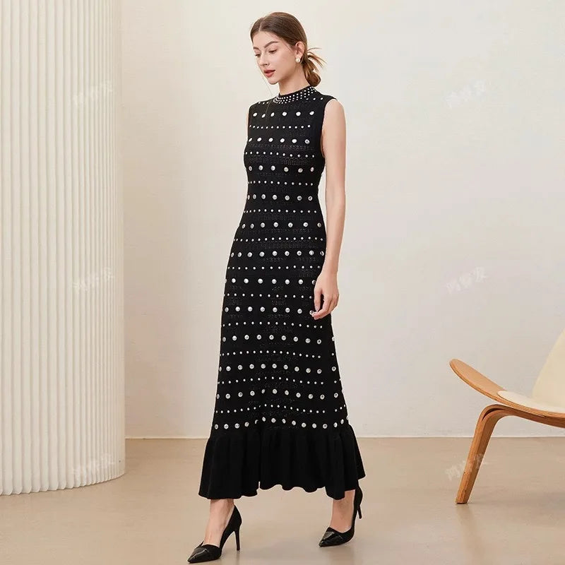 European And American Design Knitted Dress Women'S Spring/Summer Round Neck Hot Bead Unique Slimming Long Style