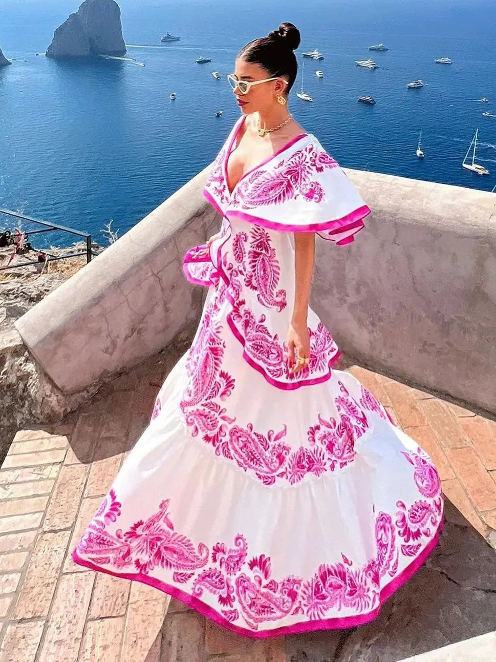 Fashion Ruffle Collar Women Big Swinging Dresses Sexy V Neck Long Skirt  Holiday Party Dress Beach Cover Ups Clothing Plus Size