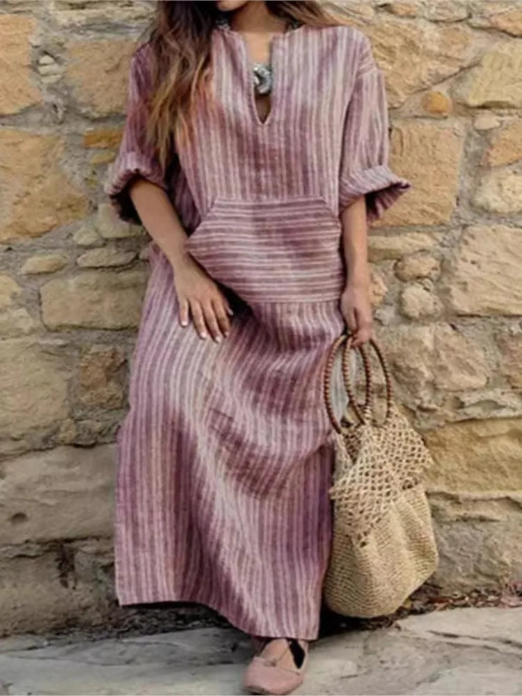 Autumn Women's New Cotton Linen Yarn-dyed Striped Long Dress, Fashionable Big Pockets, Sexy V-neck Long-sleeved Loose Dress