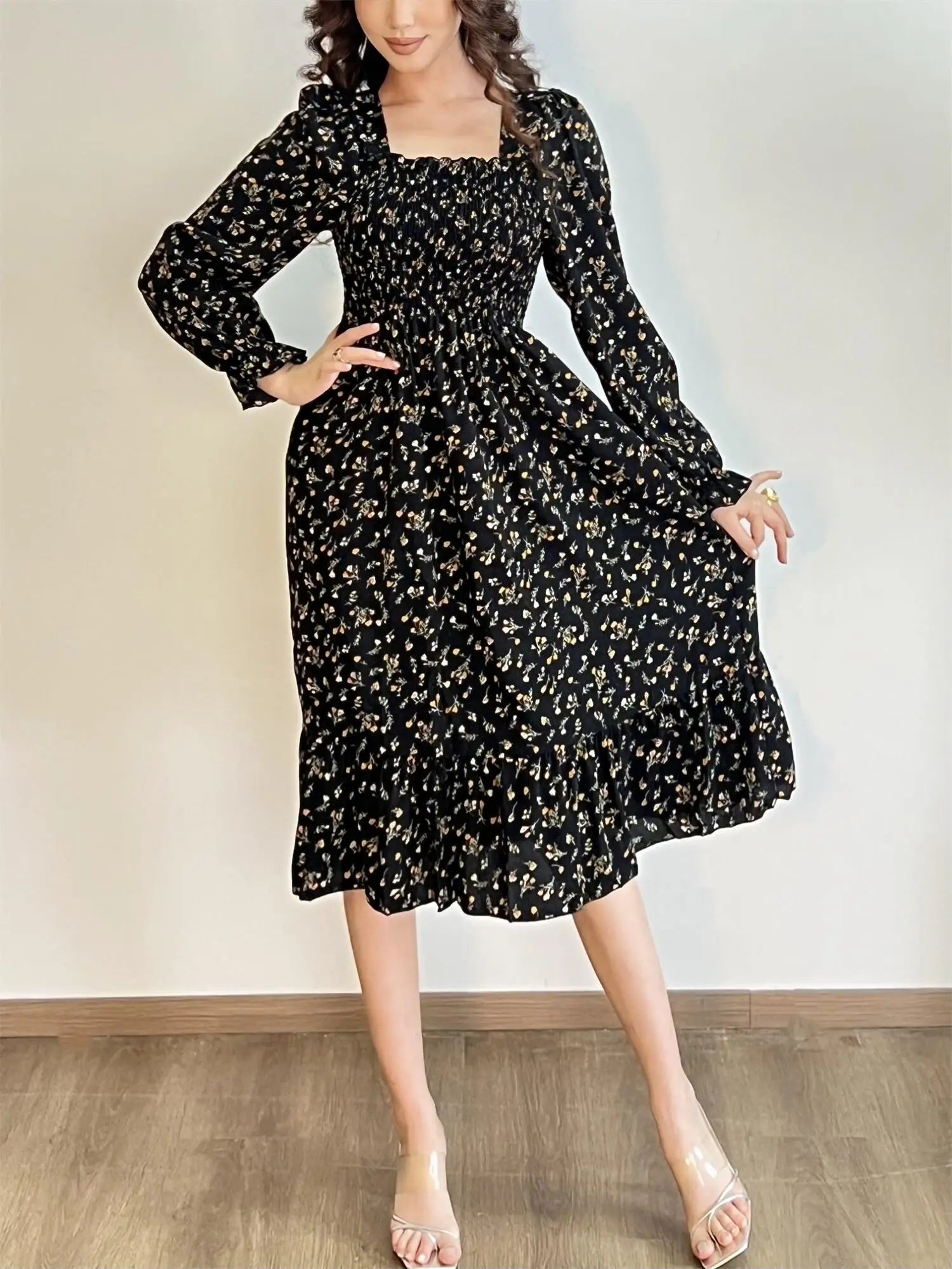 Long Sleeve Casual Dress Women Chiffon Dresses Autumn Spring A-line Printed Floral Elastic Chest Lace Up Midi Dresses Vestidos