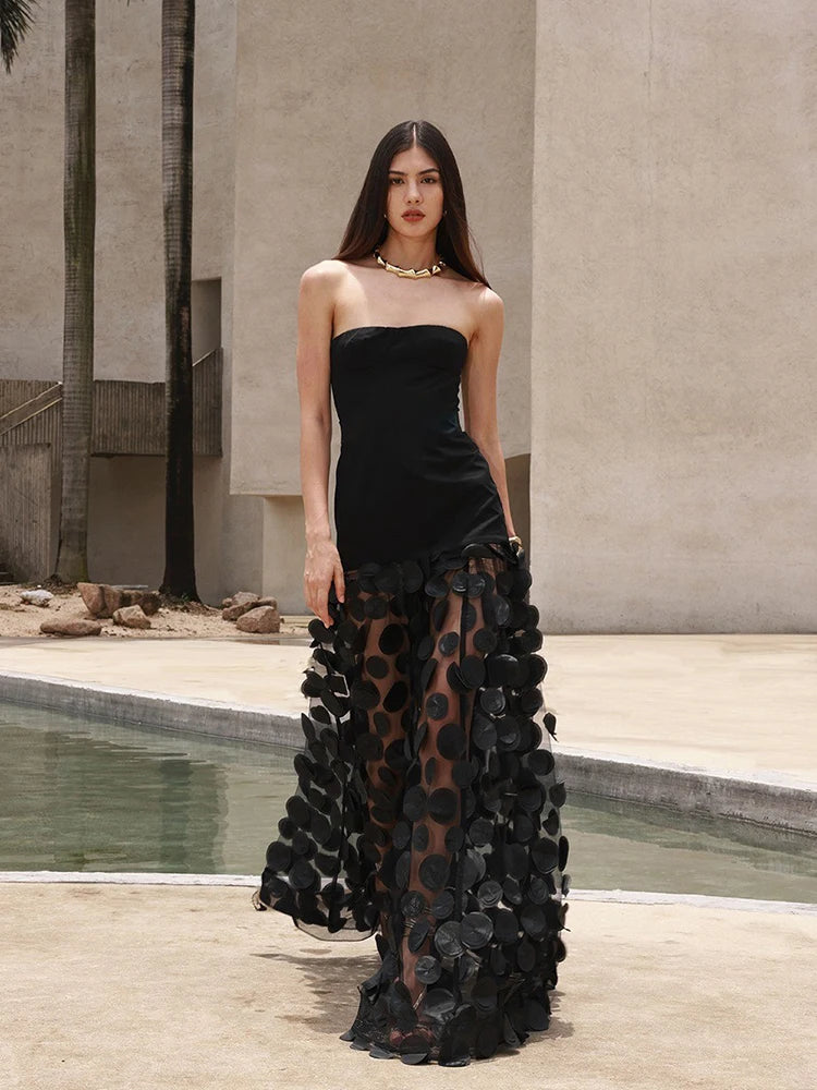 Tulle Tutu Women's Fashion Sleeveless Off Shoulder Dress Solid Color 3D Dot Gauze Lace Fairy A-Line Dress Luxury Evening Party