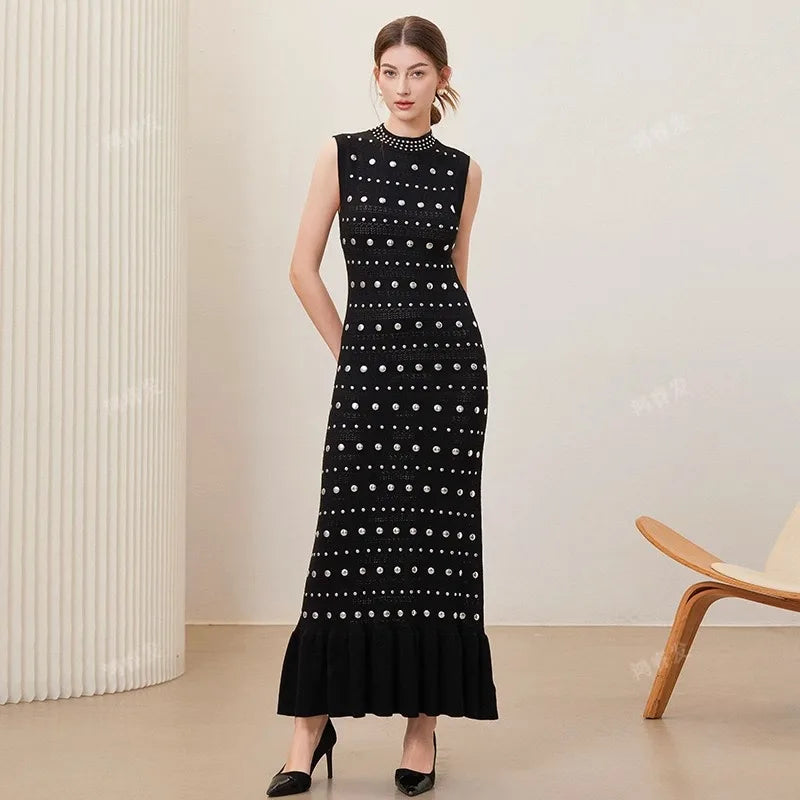 European And American Design Knitted Dress Women'S Spring/Summer Round Neck Hot Bead Unique Slimming Long Style