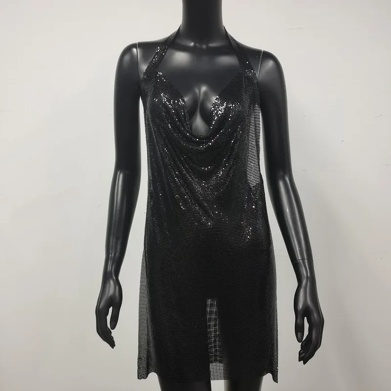 Glitter Sequin Luxury Evening Dresses Halter Backless Nightclub Cocktail Party Dress For Women Rave Festival Outfits Vestidos