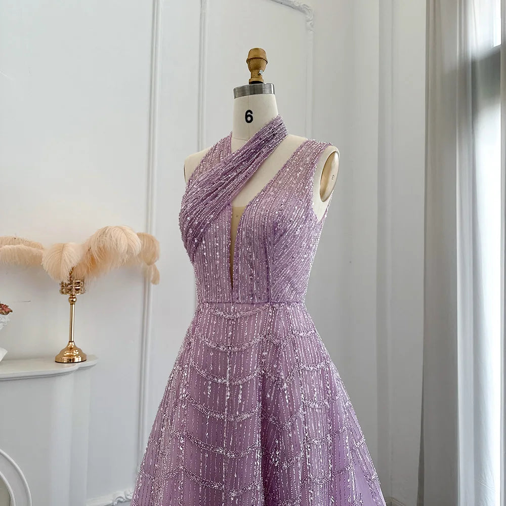Sharon Said Luxury Beaded Dubai Lilac Evening Dresses for Women Wedding Party Long Arabic Prom Formal Gowns SS329 Customized