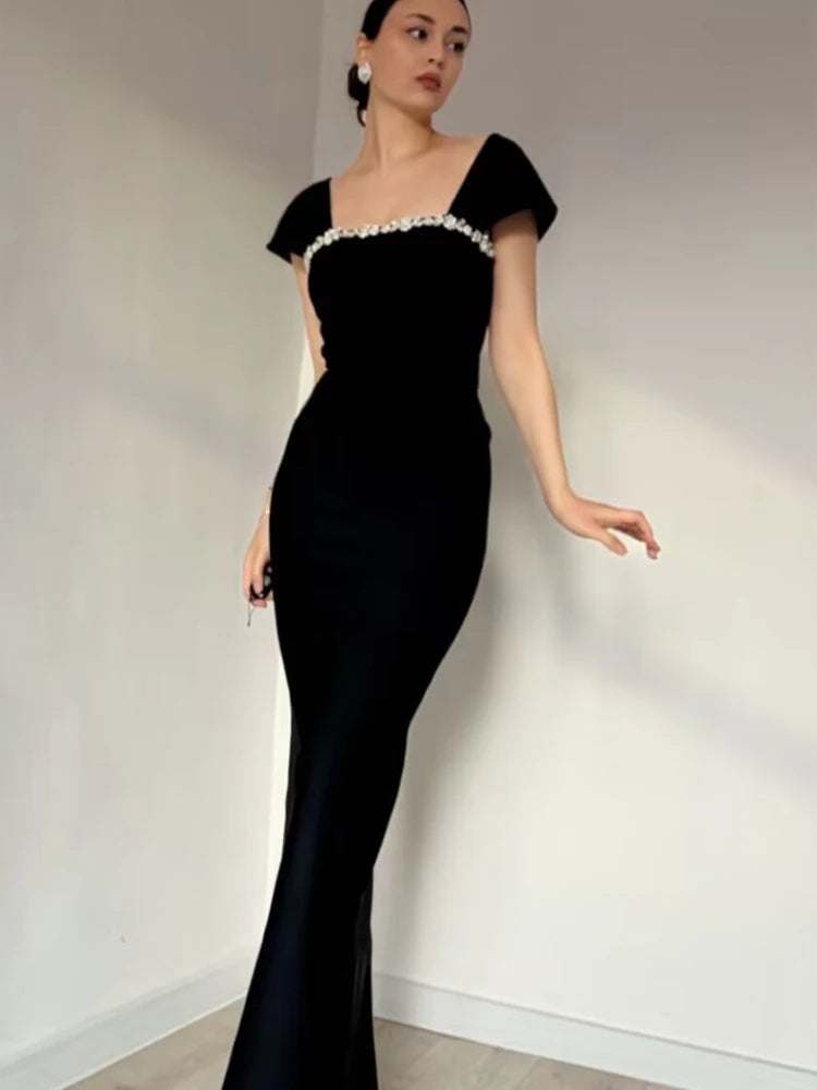 New Women's Short  Sleevel Square Neck Diamonds Bandage Dress Floor Length Bodycon Fashion Celebrity Party Maxi Dress