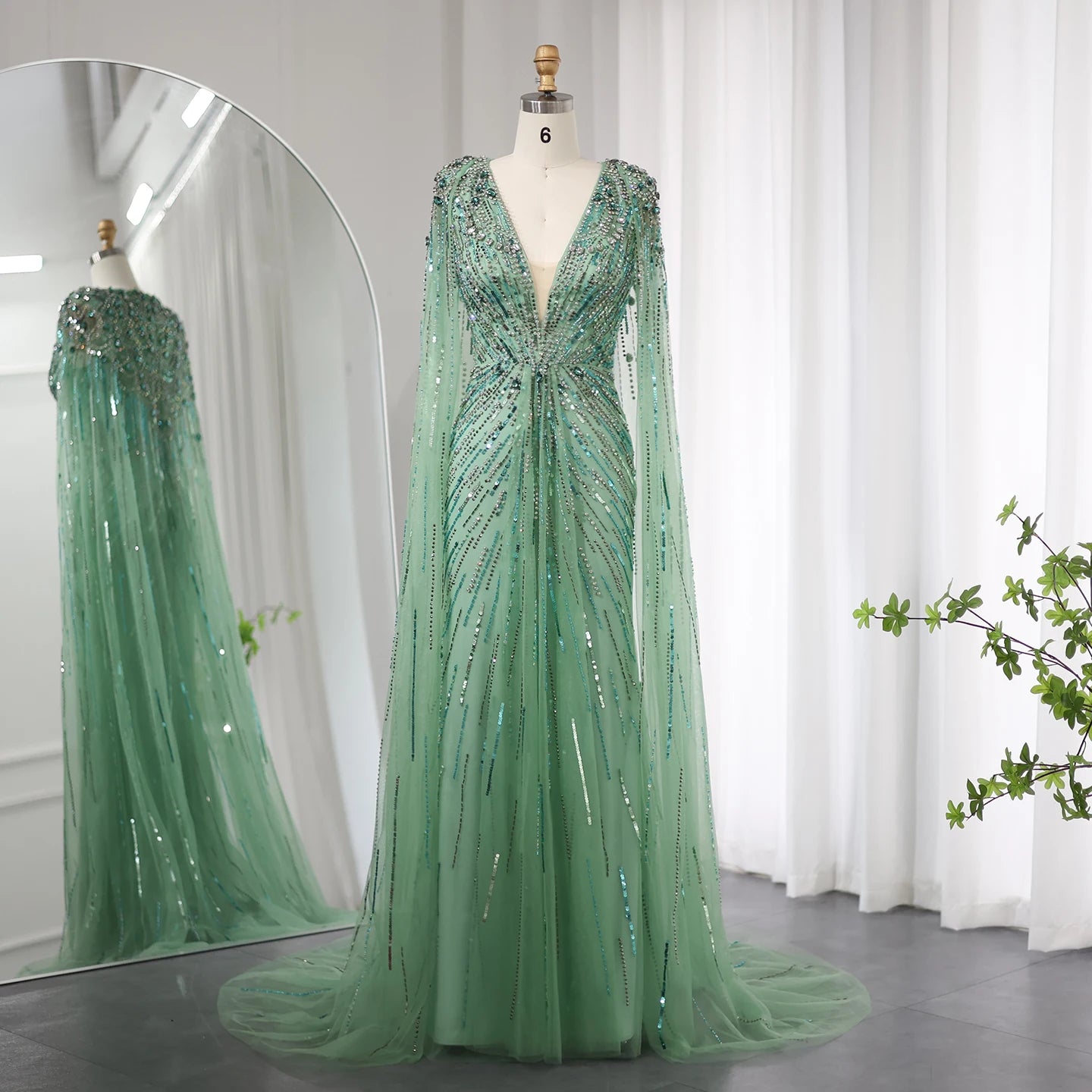 Sharon Said Luxury Crystal Sage Green Evening Dresses with Cape Fuchsia Gold Arabic Wedding Dress Party Gowns SS399 Customized