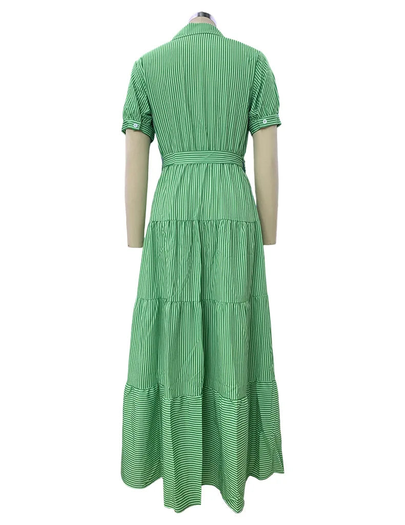 Women Blue Striped Maxi Dress Short Sleeve Lace Up Ruffles Hem Streetwear Boho Vacation Office Lady Dresses Summer Robes Vestido