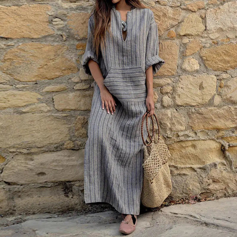 Autumn Women's New Cotton Linen Yarn-dyed Striped Long Dress, Fashionable Big Pockets, Sexy V-neck Long-sleeved Loose Dress