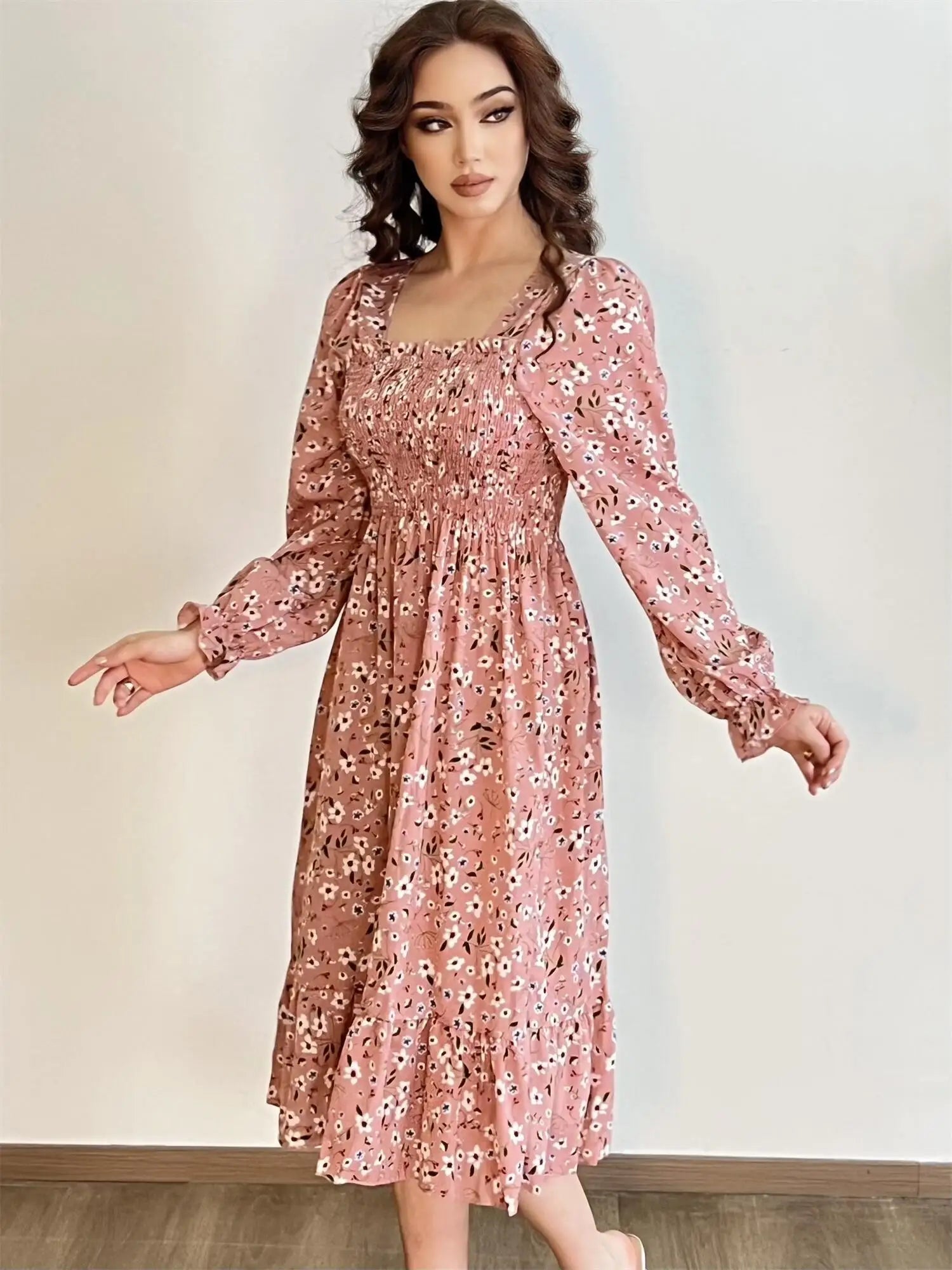 Long Sleeve Casual Dress Women Chiffon Dresses Autumn Spring A-line Printed Floral Elastic Chest Lace Up Midi Dresses Vestidos