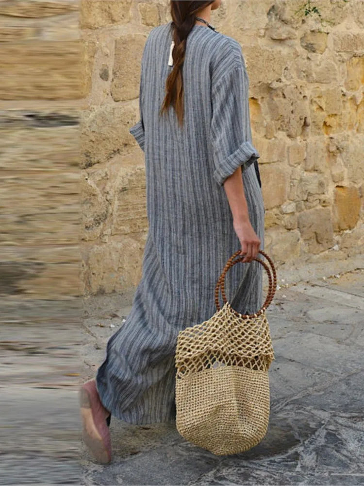 Autumn Women's New Cotton Linen Yarn-dyed Striped Long Dress, Fashionable Big Pockets, Sexy V-neck Long-sleeved Loose Dress