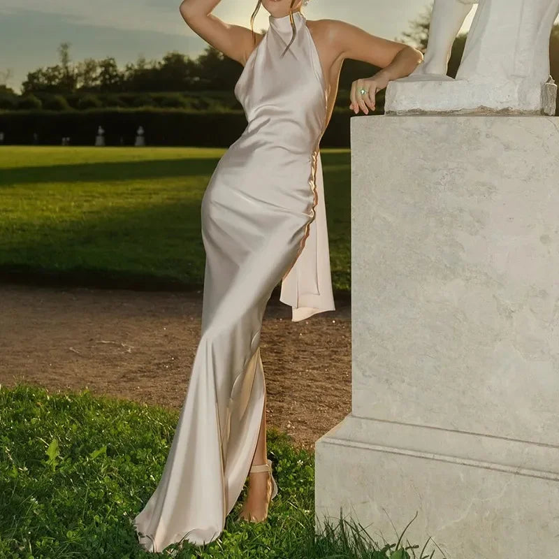 Sexy Halter Ribbon Backless Long Dresses Woman Spring Solid Satin Tight Gowns Evening Dress Summer Sleeveless Hollow Boho Dress