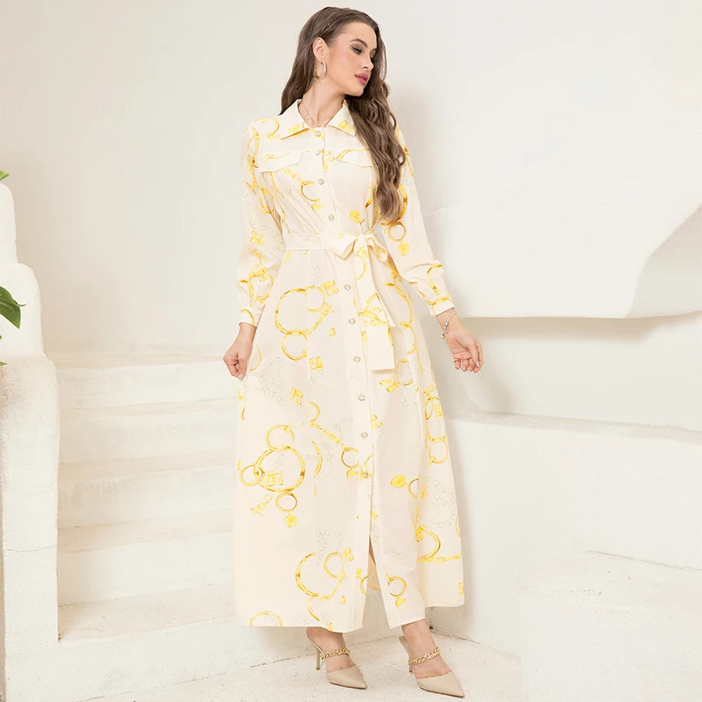 Elegant Long Shirt-Sleeve Dress with Chain Print Design, Belt & Pocket - Sophisticated Collared Neck, Button Details