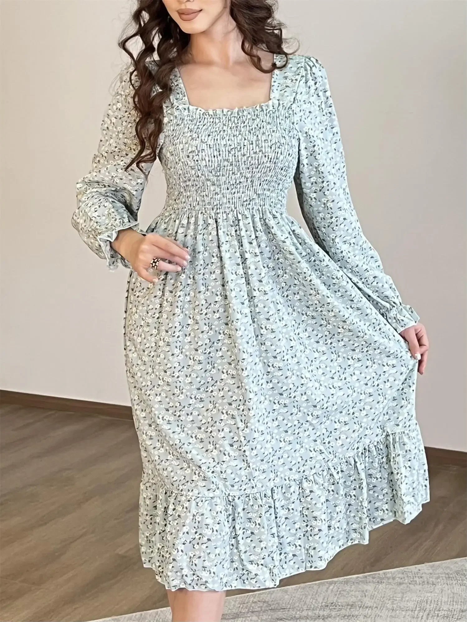 Long Sleeve Casual Dress Women Chiffon Dresses Autumn Spring A-line Printed Floral Elastic Chest Lace Up Midi Dresses Vestidos