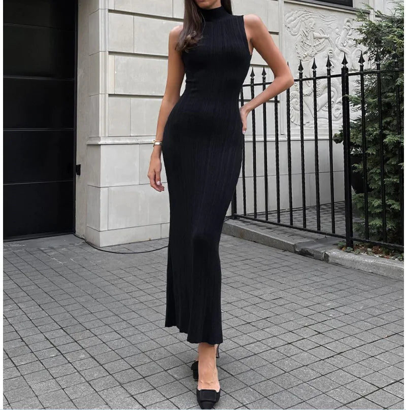 Solid Color Stripe Knitted Slim Long Dresses Women Sleeveless Half Turtleneck Package Hip Bodycon Dress Female Commuting Vestido