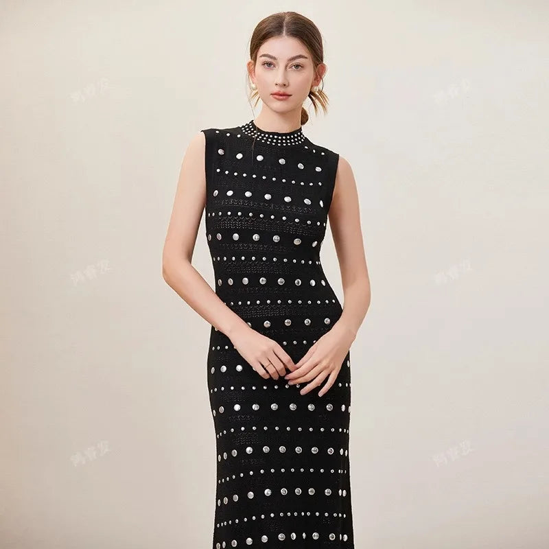 European And American Design Knitted Dress Women'S Spring/Summer Round Neck Hot Bead Unique Slimming Long Style