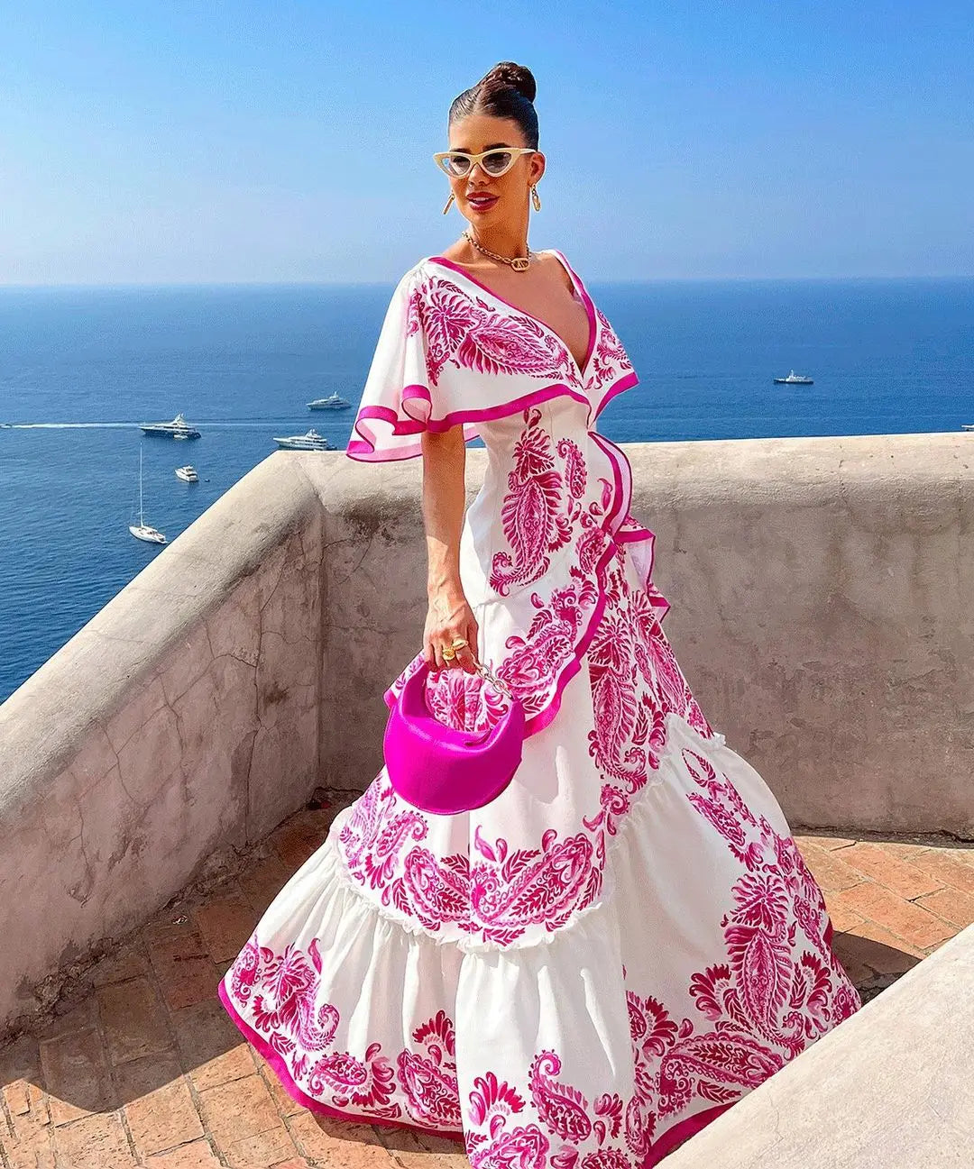 Fashion Ruffle Collar Women Big Swinging Dresses Sexy V Neck Long Skirt  Holiday Party Dress Beach Cover Ups Clothing Plus Size