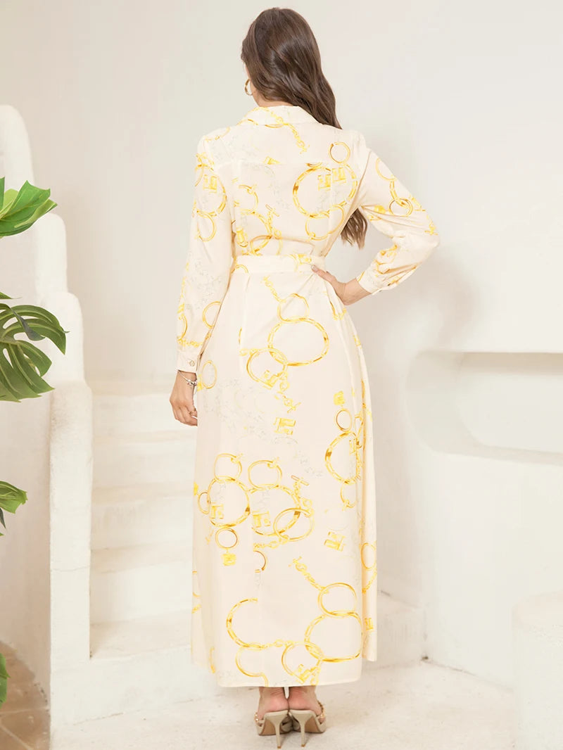Elegant Long Shirt-Sleeve Dress with Chain Print Design, Belt & Pocket - Sophisticated Collared Neck, Button Details
