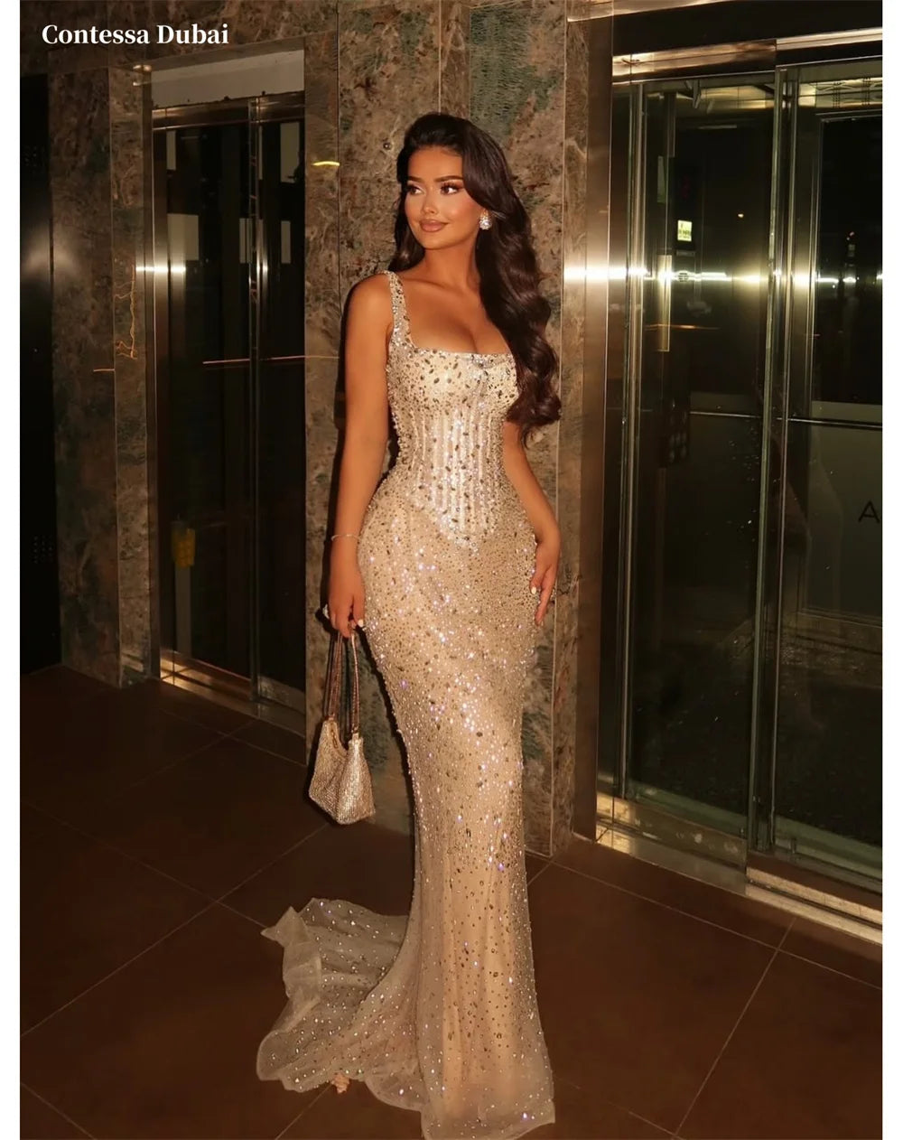 Contessa Dubai Custom Elegant Mermaid Court Train Prom Dress With Shiny Sequins vestidos de noche Square Collar party dress 2025