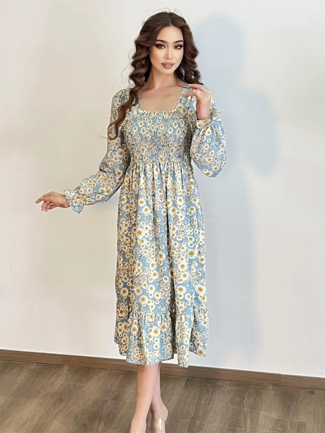Long Sleeve Casual Dress Women Chiffon Dresses Autumn Spring A-line Printed Floral Elastic Chest Lace Up Midi Dresses Vestidos