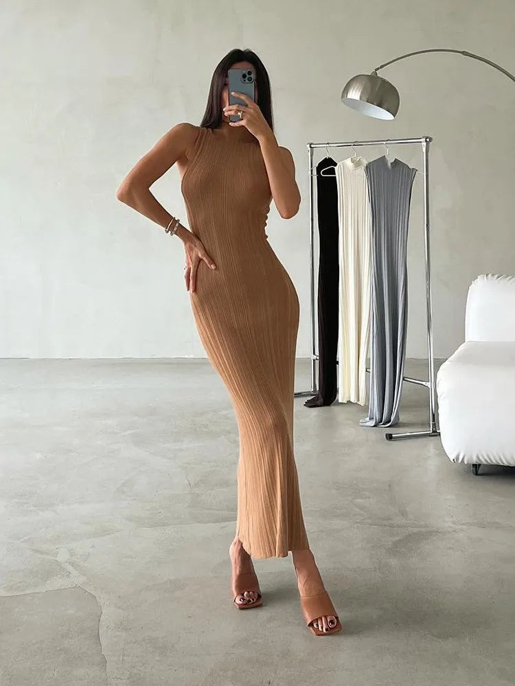 Solid Color Stripe Knitted Slim Long Dresses Women Sleeveless Half Turtleneck Package Hip Bodycon Dress Female Commuting Vestido