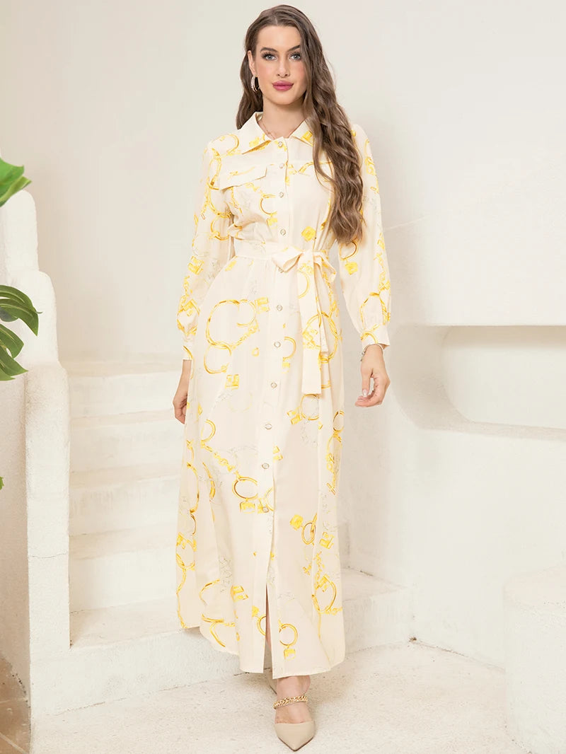 Elegant Long Shirt-Sleeve Dress with Chain Print Design, Belt & Pocket - Sophisticated Collared Neck, Button Details