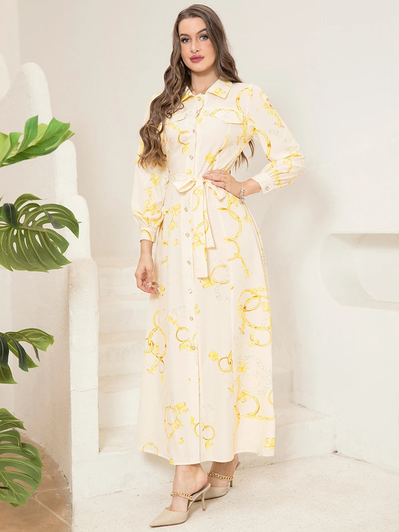 Elegant Long Shirt-Sleeve Dress with Chain Print Design, Belt & Pocket - Sophisticated Collared Neck, Button Details
