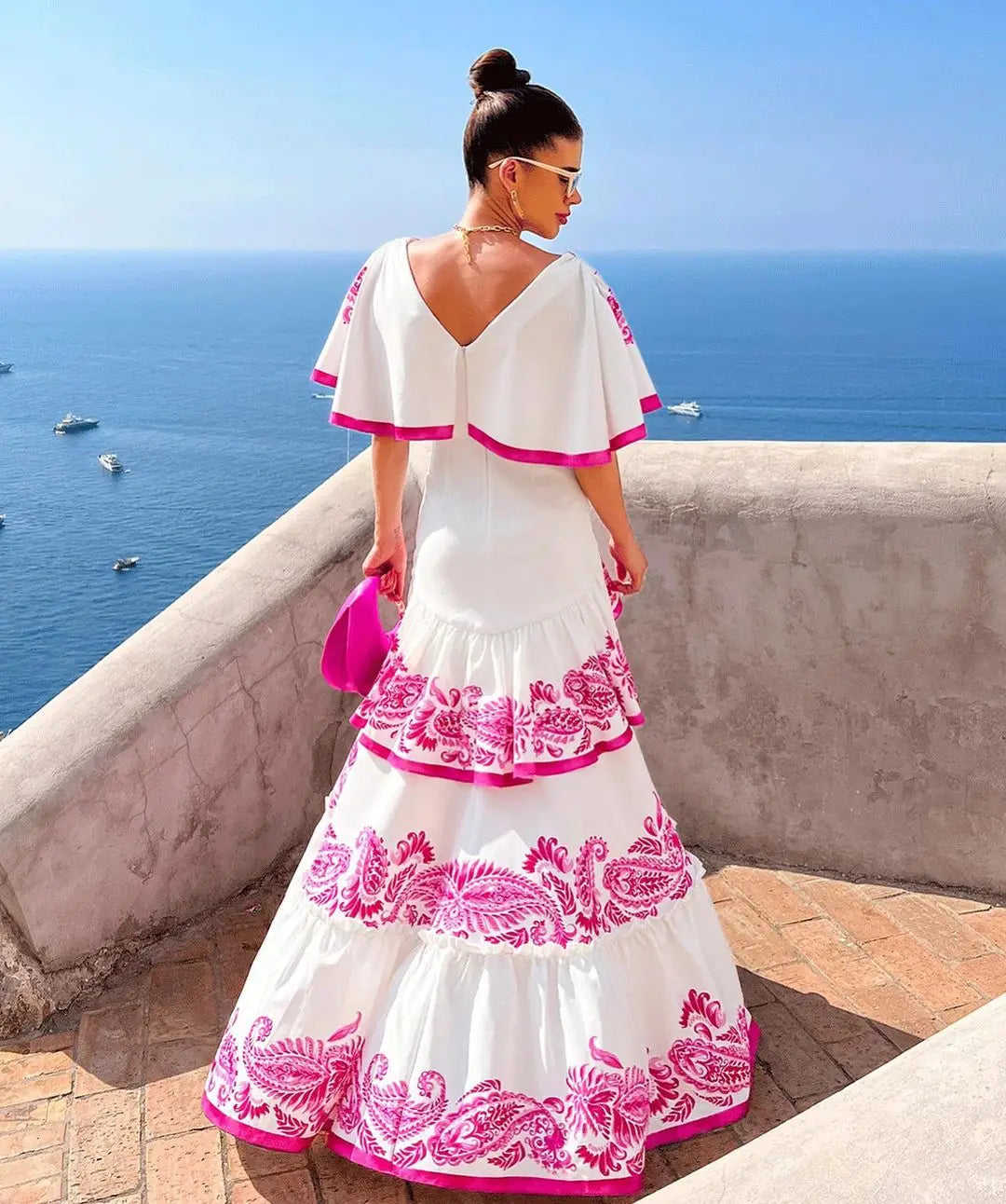 Fashion Ruffle Collar Women Big Swinging Dresses Sexy V Neck Long Skirt  Holiday Party Dress Beach Cover Ups Clothing Plus Size