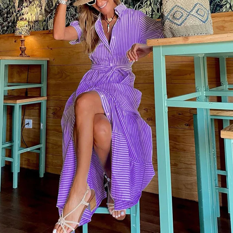 Women Blue Striped Maxi Dress Short Sleeve Lace Up Ruffles Hem Streetwear Boho Vacation Office Lady Dresses Summer Robes Vestido