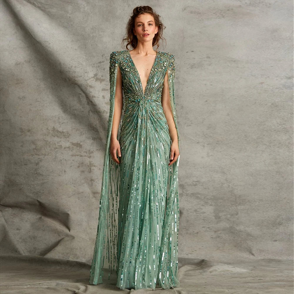 Sharon Said Luxury Crystal Sage Green Evening Dresses with Cape Fuchsia Gold Arabic Wedding Dress Party Gowns SS399 Customized