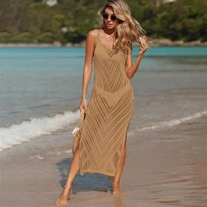 Women's Knitted Sweaters summer beach maxi dress Lady sexy U-neck Hollow Out Mesh Pullover See Through casual slim sling dresses