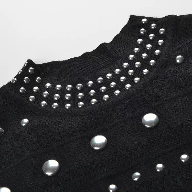 European And American Design Knitted Dress Women'S Spring/Summer Round Neck Hot Bead Unique Slimming Long Style