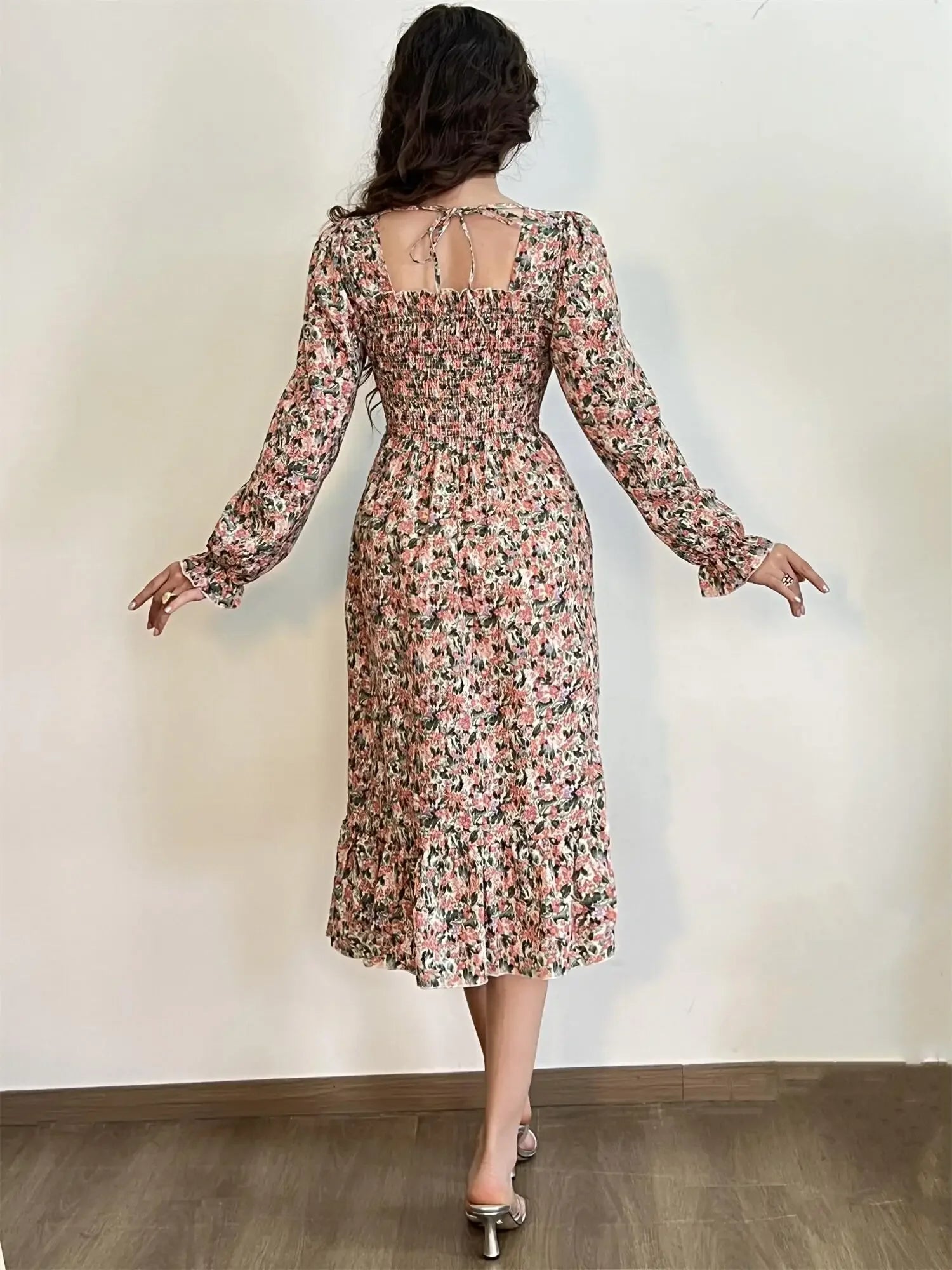Long Sleeve Casual Dress Women Chiffon Dresses Autumn Spring A-line Printed Floral Elastic Chest Lace Up Midi Dresses Vestidos