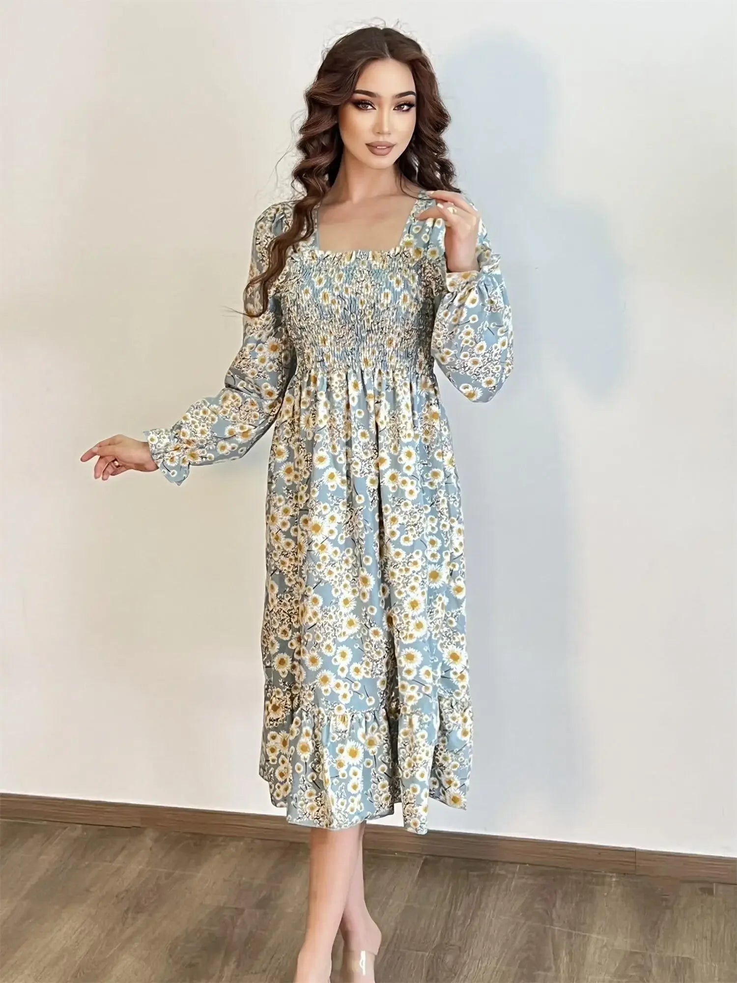 Long Sleeve Casual Dress Women Chiffon Dresses Autumn Spring A-line Printed Floral Elastic Chest Lace Up Midi Dresses Vestidos