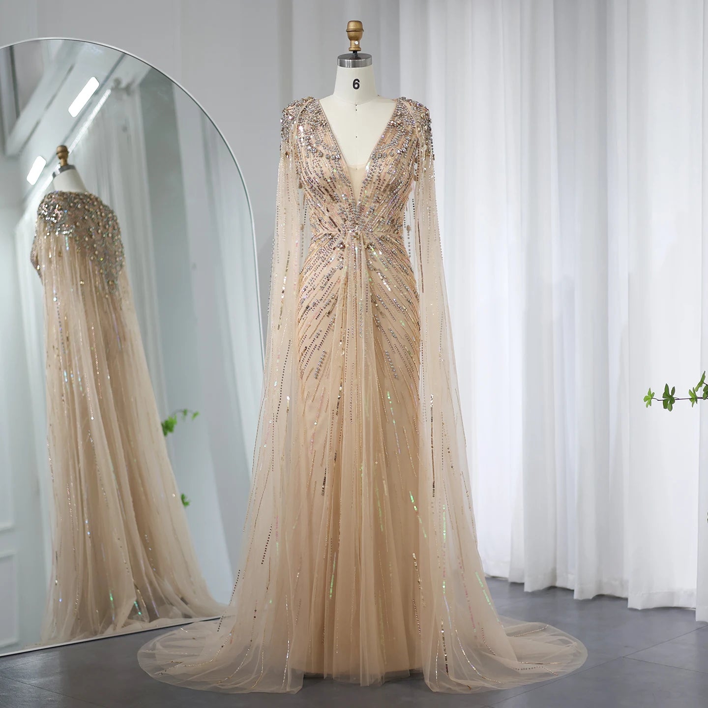 Sharon Said Luxury Crystal Sage Green Evening Dresses with Cape Fuchsia Gold Arabic Wedding Dress Party Gowns SS399 Customized
