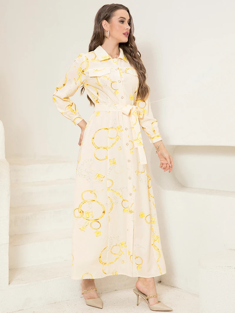 Elegant Long Shirt-Sleeve Dress with Chain Print Design, Belt & Pocket - Sophisticated Collared Neck, Button Details