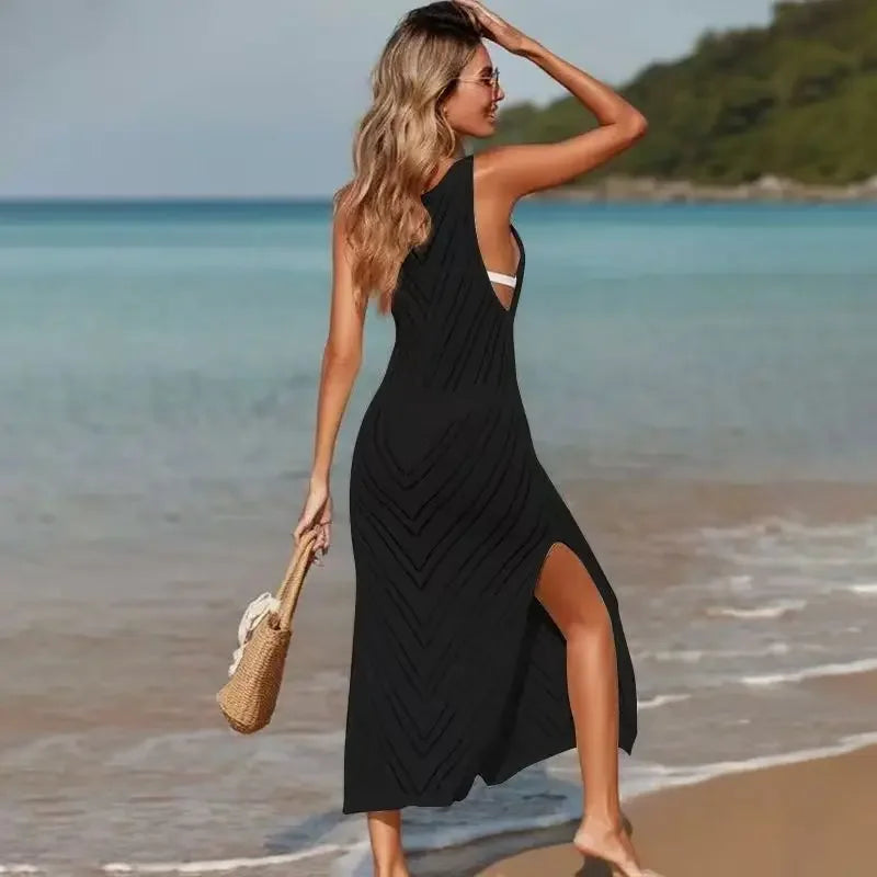 Women's Knitted Sweaters summer beach maxi dress Lady sexy U-neck Hollow Out Mesh Pullover See Through casual slim sling dresses