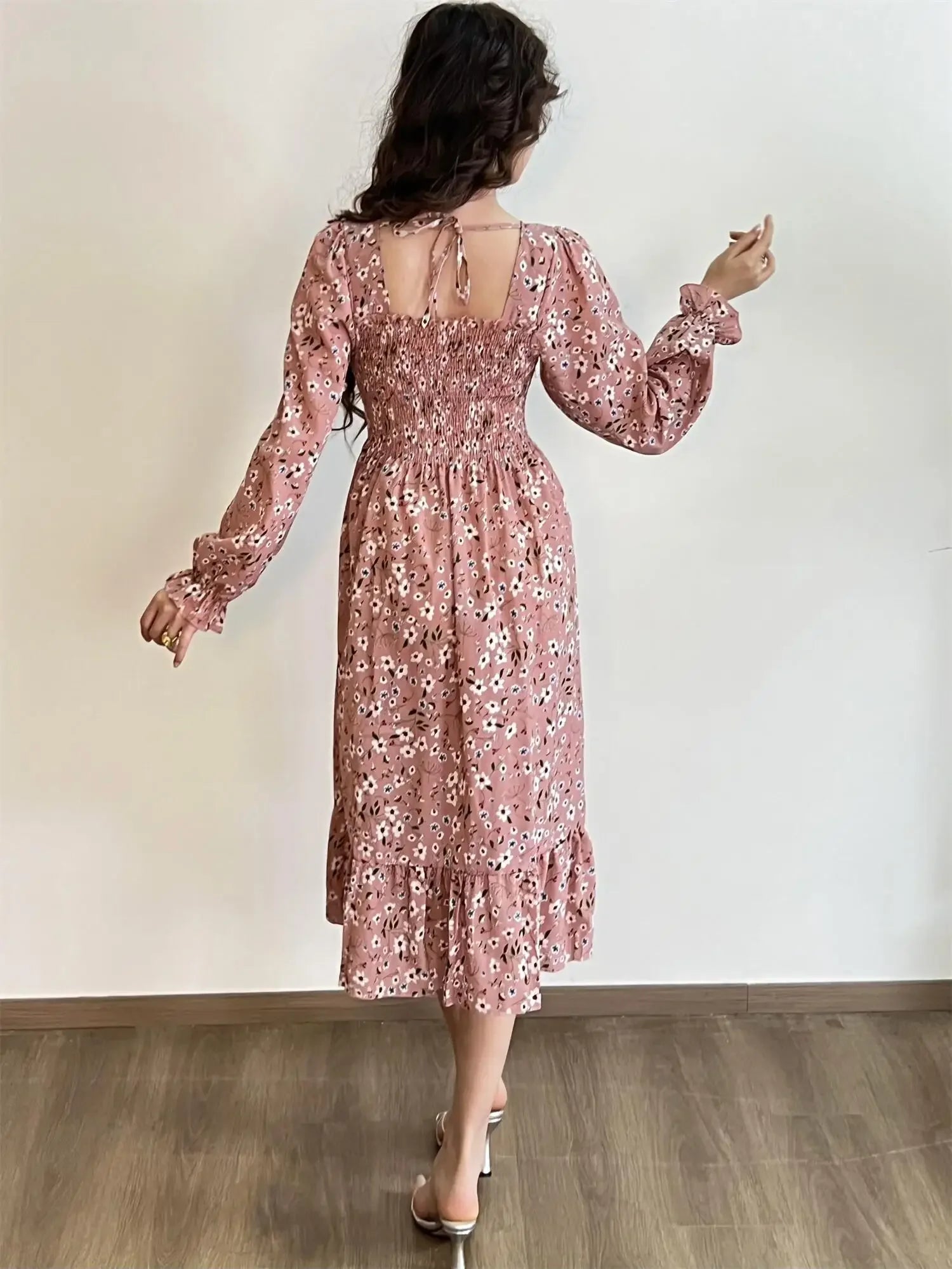 Long Sleeve Casual Dress Women Chiffon Dresses Autumn Spring A-line Printed Floral Elastic Chest Lace Up Midi Dresses Vestidos