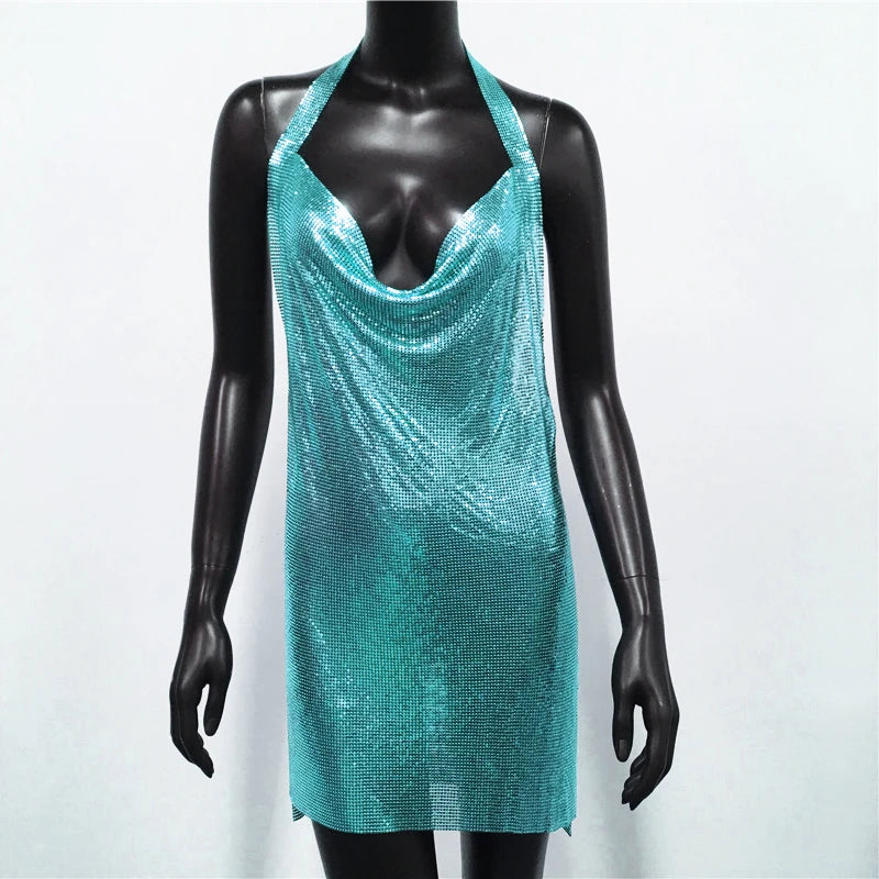 Glitter Sequin Luxury Evening Dresses Halter Backless Nightclub Cocktail Party Dress For Women Rave Festival Outfits Vestidos