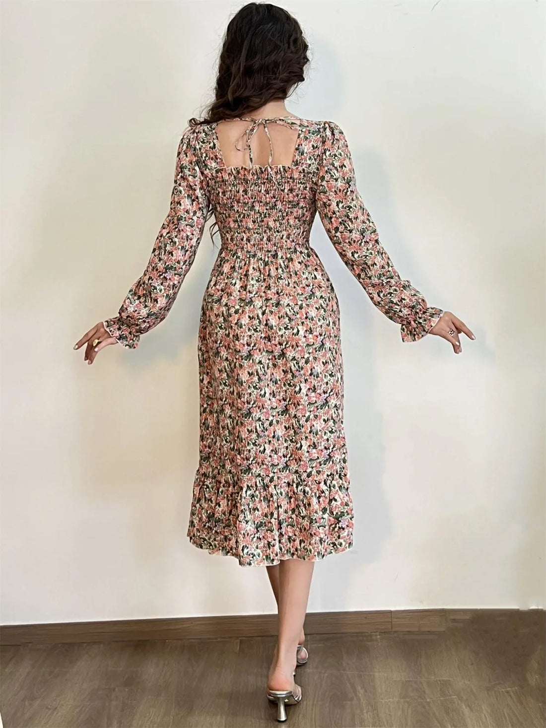 Autumn Spring Casual Dress Women Chiffon Dresses Long Sleeve A-line Printed Floral Elastic Chest Lace Up Midi Dresses Vestidos