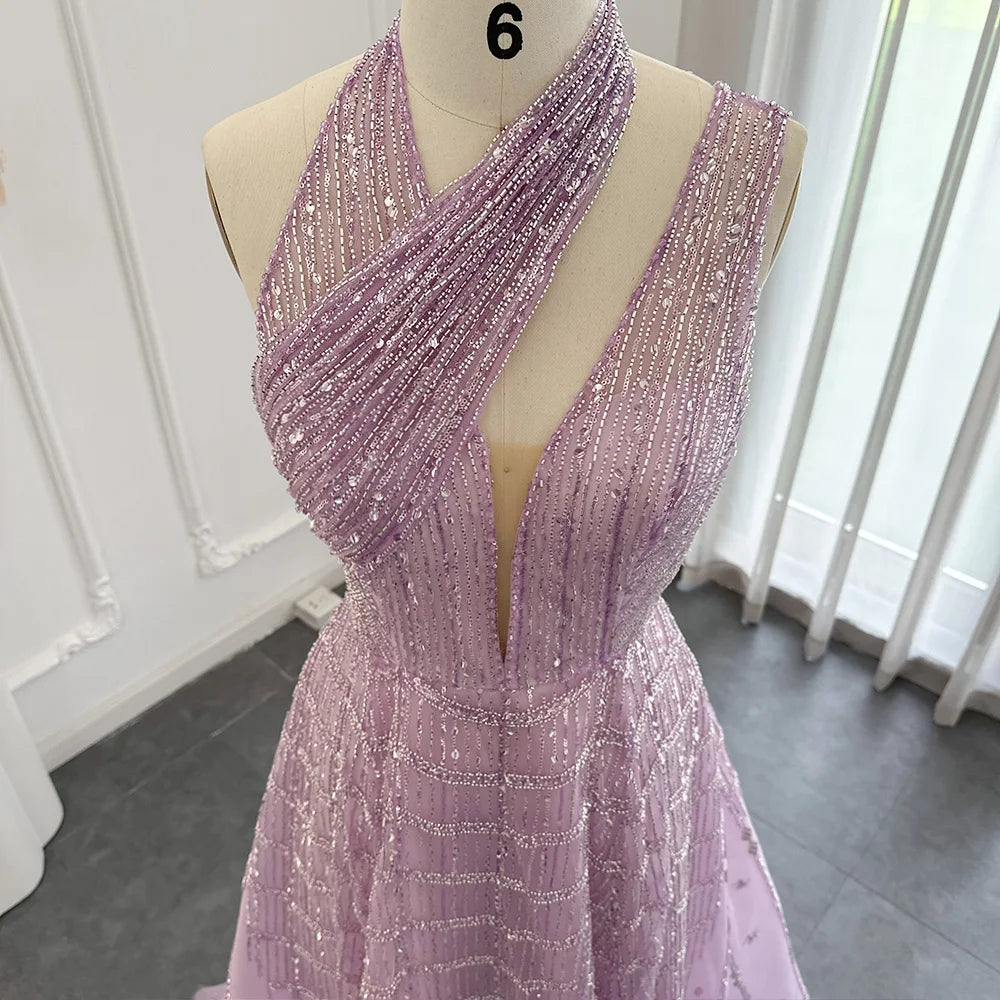 Sharon Said Luxury Beaded Dubai Lilac Evening Dresses for Women Wedding Party Long Arabic Prom Formal Gowns SS329 Customized