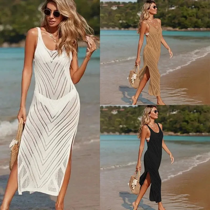 Women's Knitted Sweaters summer beach maxi dress Lady sexy U-neck Hollow Out Mesh Pullover See Through casual slim sling dresses