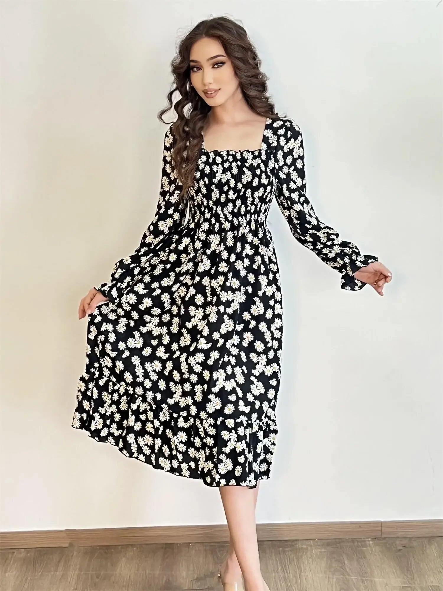 Long Sleeve Casual Dress Women Chiffon Dresses Autumn Spring A-line Printed Floral Elastic Chest Lace Up Midi Dresses Vestidos