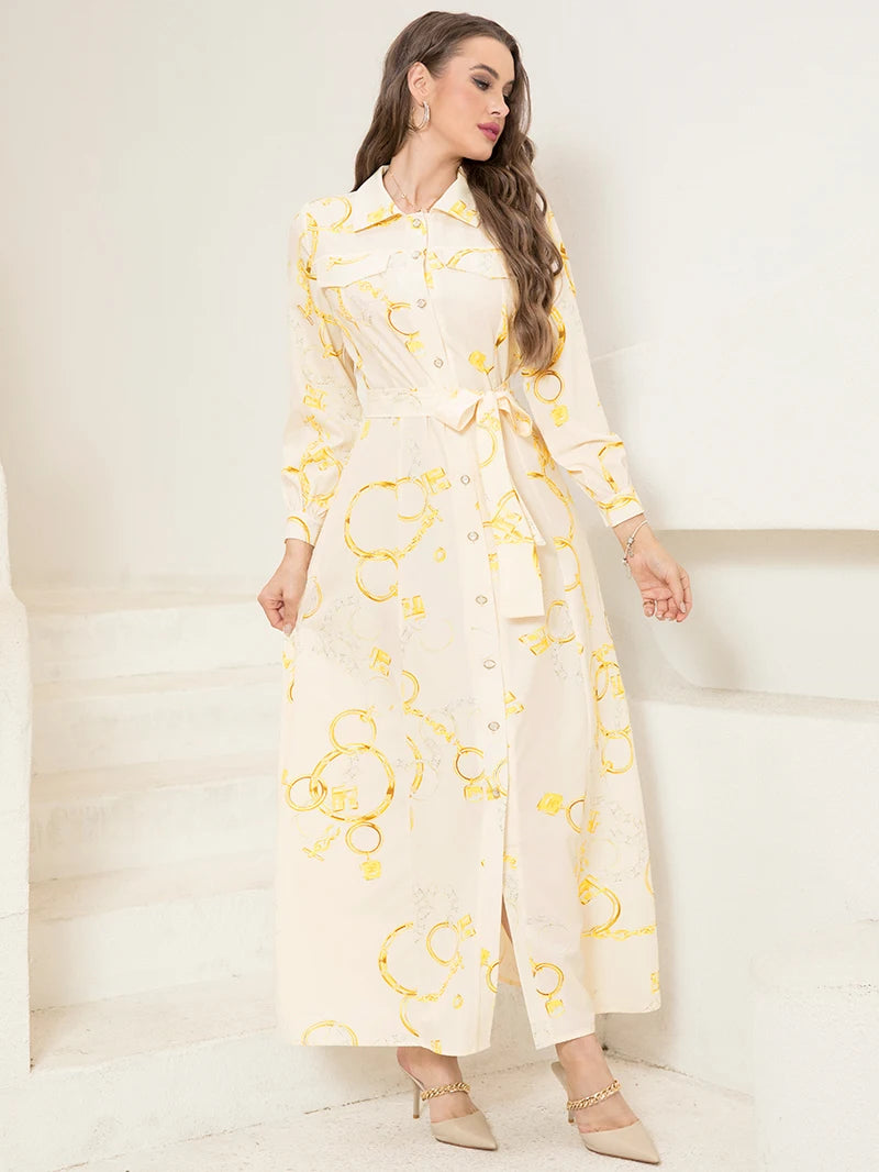 Elegant Long Shirt-Sleeve Dress with Chain Print Design, Belt & Pocket - Sophisticated Collared Neck, Button Details