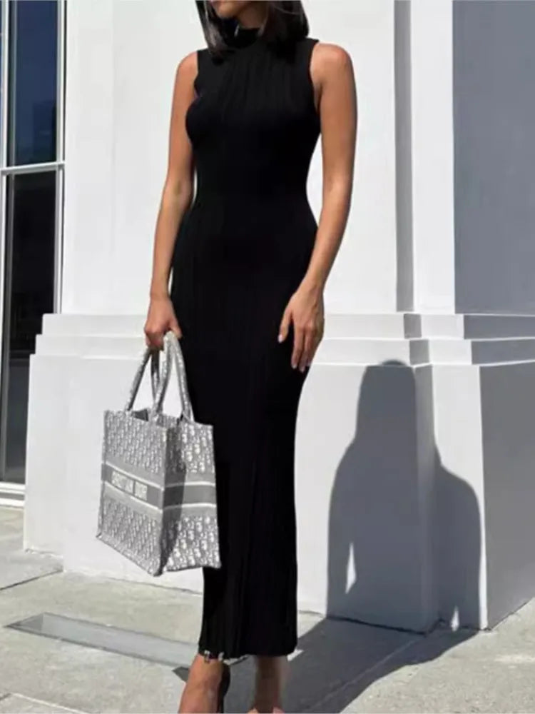 Solid Color Stripe Knitted Slim Long Dresses Women Sleeveless Half Turtleneck Package Hip Bodycon Dress Female Commuting Vestido