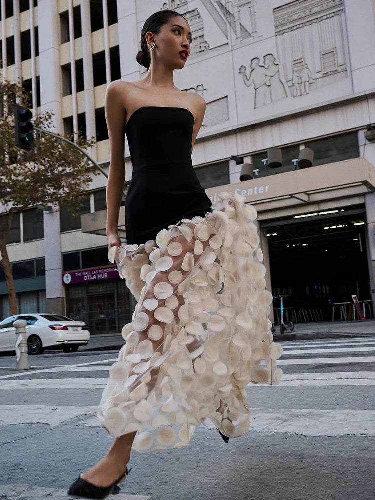 Tulle Tutu Women's Fashion Sleeveless Off Shoulder Dress Solid Color 3D Dot Gauze Lace Fairy A-Line Dress Luxury Evening Party